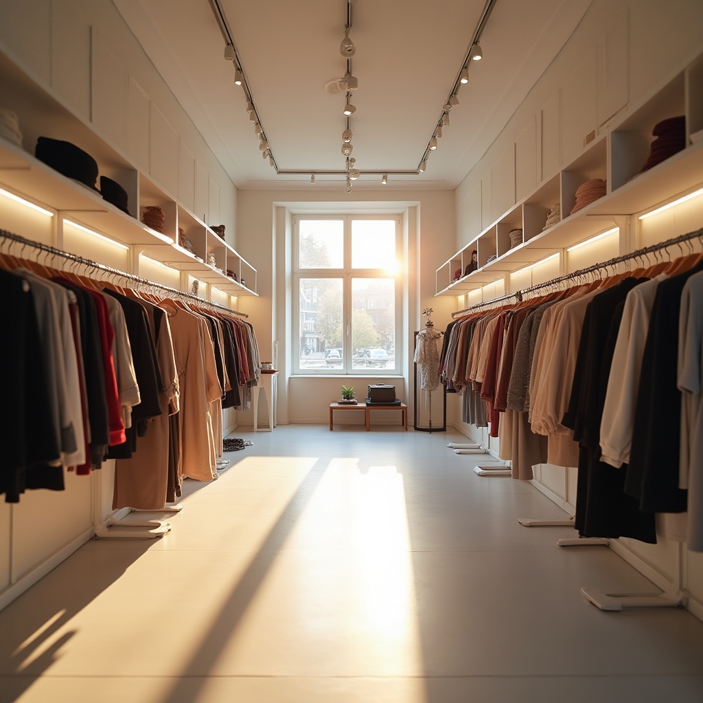 Interior de una tienda de indumentaria con exhibidores ordenados